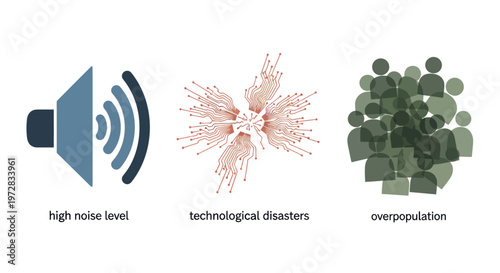 Conceptual icons for societal problems: noise, tech disasters, overpopulation.