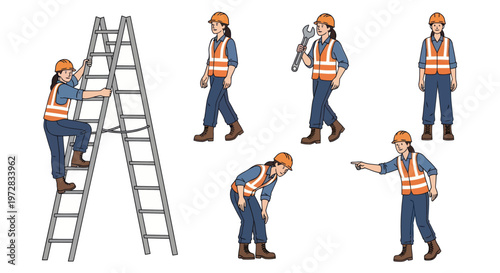 Construction worker in safety vest performs various tasks on a ladder.