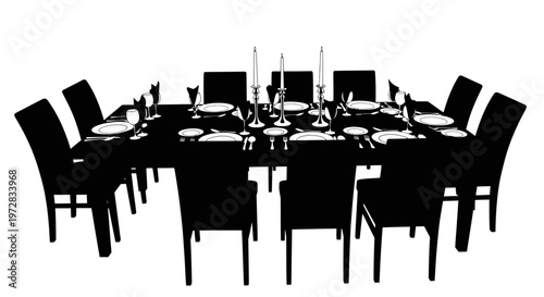 Black silhouette of a formal dining table set for dinner with chairs