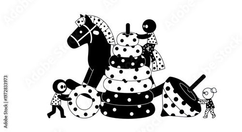 Children playing with classic toys like a rocking horse and stacking rings.