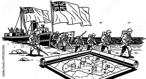 Illustration of British soldiers landing on a beach during a historical military operation