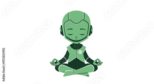 Cute green robot meditating in a peaceful yoga lotus pose on a white background.