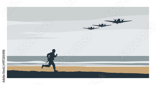 Soldier running on beach with planes flying overhead