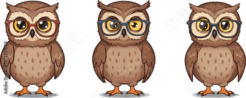 Cute cartoon owls wearing glasses, funny wise bird illustration, adorable nerd animal mascot, smart vector character design isolated on white background