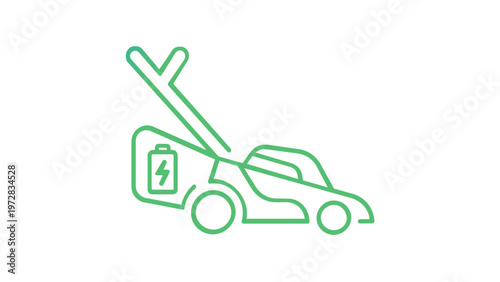 Electric lawn mower vector icon illustration. Battery powered gardening tool for eco-friendly lawn care and landscaping maintenance. Minimalist flat line art design with blue green gradient.
