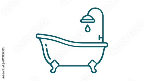 Minimalist vector icon illustration of a classic vintage clawfoot bathtub with an overhead showerhead and a single water drop, ideal for bathroom interior design, hygiene, and home decor concepts.