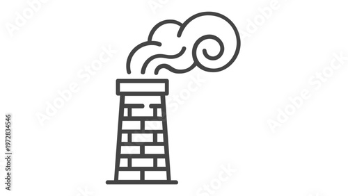 Industrial brick chimney smokestack with thick smoke billowing out vector icon illustration. Minimalist line art design representing factory pollution, carbon emissions, and environmental impact.