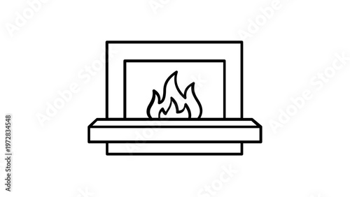 Minimalist fireplace vector icon illustration with burning fire flames, simple line art design for home heating, interior decor, cozy atmosphere, and architectural symbols, scalable flat.
