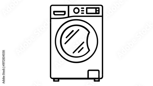 Washing Machine Vector Icon Illustration: Minimalist Line Art Design of a Front-Loading Laundry Appliance for Home Cleaning, Housework, and Domestic Utility Concepts, Scalable Flat Graphic Element.