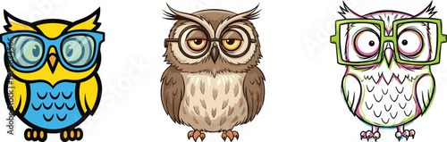 Cute cartoon owls with eyeglasses, funny wise owl illustration, smart animal mascot, nerdy bird character, adorable vector design isolated background