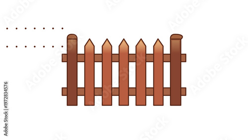 Wooden picket fence vector icon illustration. A brown garden barrier with pointed pickets and horizontal rails. Minimalist flat design for home, backyard, or farm landscaping concepts.