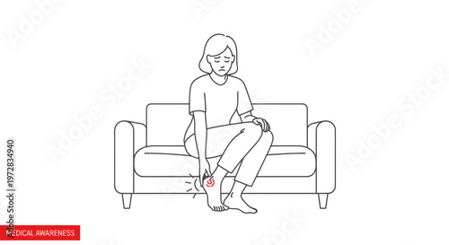 Woman with Foot Pain Sitting on Couch, Medical Illustration