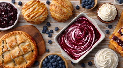 Blueberry dessert assortment, blueberry pie muffins pancakes, summer baking concept, indulgent food styling, editorial food photography