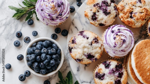Blueberry dessert assortment, blueberry pie muffins pancakes, summer baking concept, indulgent food styling, editorial food photography