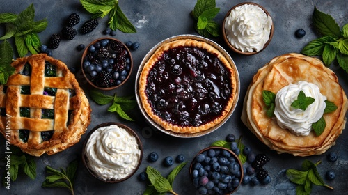 Blueberry dessert assortment, blueberry pie muffins pancakes, summer baking concept, indulgent food styling, editorial food photography