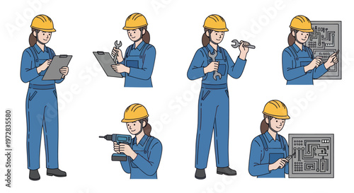 Female worker in blue uniform.