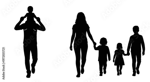 Family walking together in silhouette.
