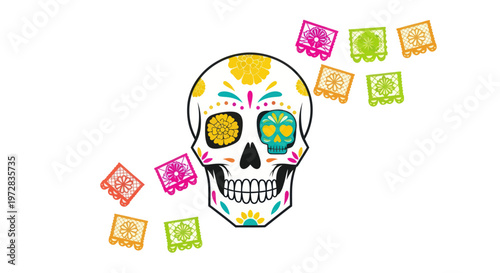 Colorful sugar skull with flowers.