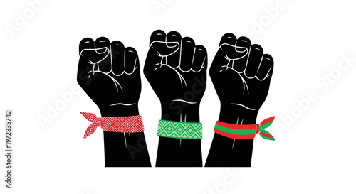 Three fists with colored wristbands raised.