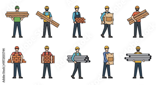 Construction workers carrying building materials.