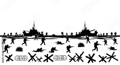 Soldiers in combat with guns and tanks.