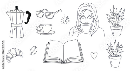 Woman reading with coffee cup.