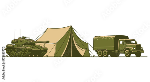 Military vehicles and tent in formation.