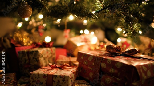 Wrapped Christmas Presents Under a Decorated Tree