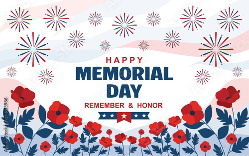 Happy Memorial Day Banner with Poppies and Fireworks. Perfect visual for a somber and respectful remembrance.
