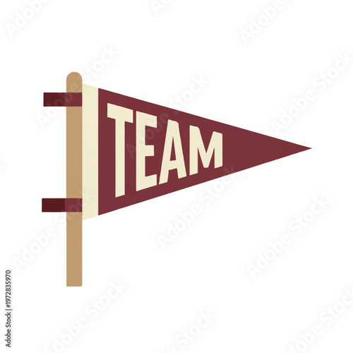 A triangular felt pennant flag attached to a wooden stick, representing team support and memorabilia, muted burgundy and cream tones, nostalgic souvenir mood, minimalist flat vector artwork,