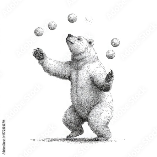 Polar Bear's Playful Act: A whimsical illustration of a polar bear engrossed in juggling, showcasing its talent and playful spirit in a monochromatic setting.