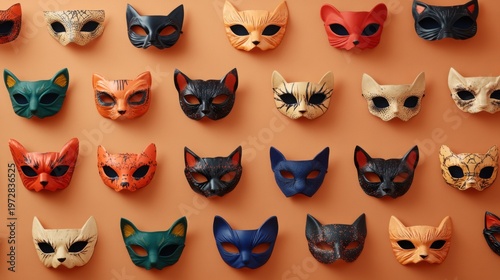 Assortment of Cat Masks for Halloween Displayed on Wall