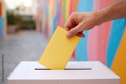 Hand Casting Yellow Ballot into Voting Box with Colorful Background.