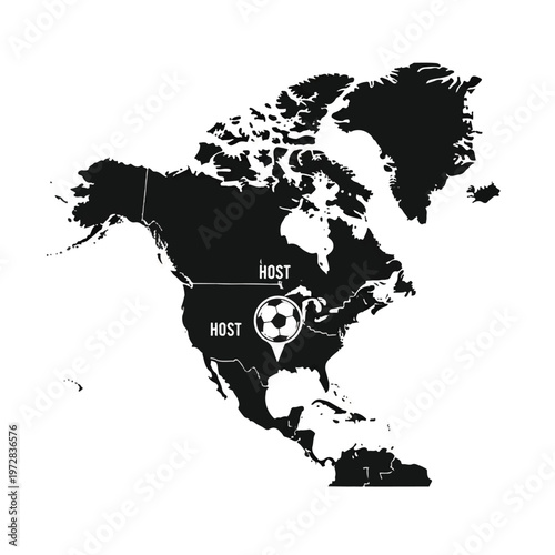 A stylized silhouette map of the North American continent with a soccer ball icon marking host regions, aged parchment and dark ink tones, explorer aesthetic, minimalist flat vector artwork,