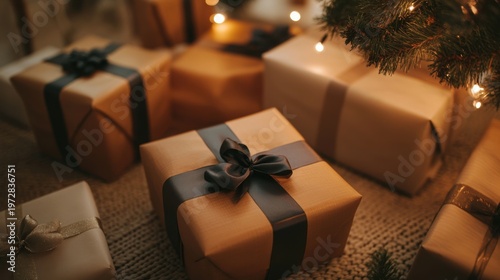 Wrapped Christmas Gifts Under a Festive Tree