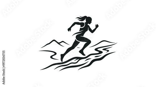 Silhouette Of A Female Runner With Mountains And River