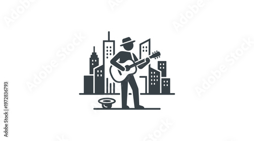 Street Musician Performing Guitar in City Silhouette