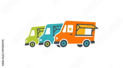 Colorful Food Trucks Lined Up on White Background