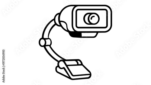 Minimalist black and white vector illustration of a modern computer webcam with a flexible neck and clip-on base, ideal for video calls, streaming, and technology-themed graphic design projects.