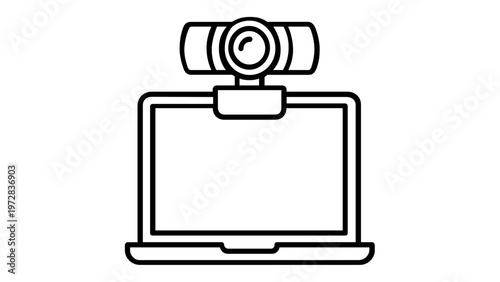 Professional minimalist black and white vector icon illustration of a webcam mounted on a computer monitor screen, ideal for technology, video conferencing, and digital communication projects.