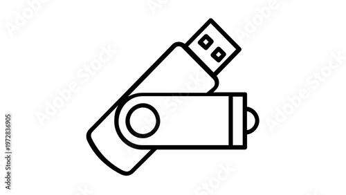 Minimalist USB flash drive vector icon illustration. Scalable line art of a portable thumb drive for data storage, memory transfer, and computer hardware. Flat design for tech gadgets and tools.