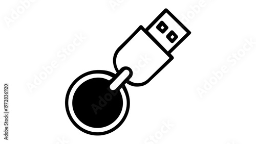 Minimalist black and white vector icon illustration of a USB flash drive or hardware security key on a keychain, perfect for technology, data storage, and cybersecurity design projects.