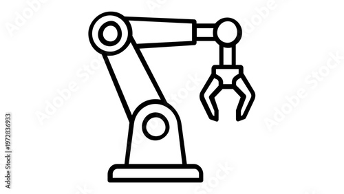 Industrial robotic arm vector icon illustration for manufacturing and automation. Minimalist line art of a mechanical arm with a gripper for smart factory, engineering, and technology concepts.