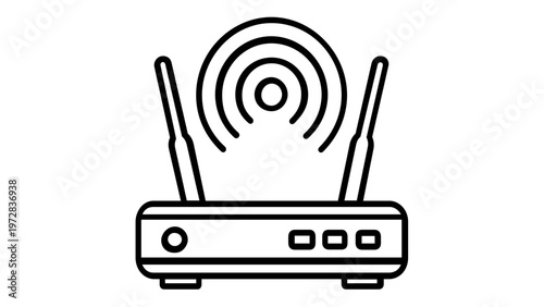 Wireless Wi-Fi router vector icon illustration. Minimalist black line art of a network modem with two antennas and signal waves. Scalable flat design for internet connectivity and technology.