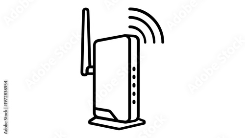 Wireless Router and Wi-Fi Modem Vector Icon Illustration. Minimalist Black and White Line Art of a Network Device with Antenna and Signal Waves. Scalable Technology Gadget Graphic.