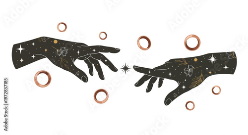 Celestial hands reach out, symbolizing creation and connection.