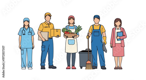 Diverse essential workers showcasing various professional roles and occupations.