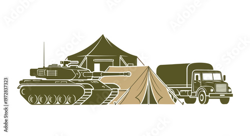 Illustration of military camp with tank, tents, and truck on white background.