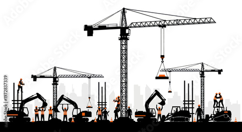 Busy construction site with workers and heavy machinery building an urban cityscape.
