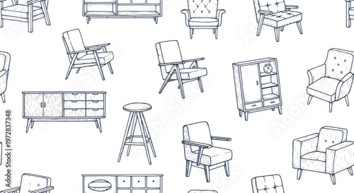 Seamless pattern of mid-century modern furniture sketches in retro style